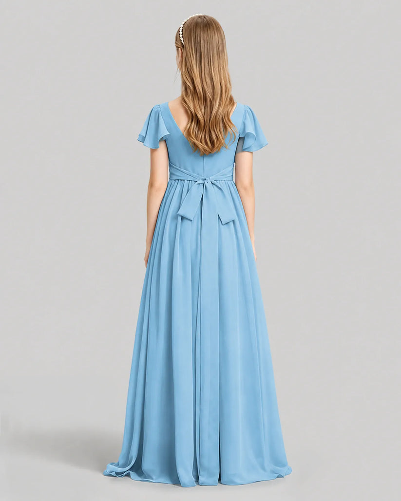 Sky Blue Chiffon A-line Junior Bridesmaid Dress Back View