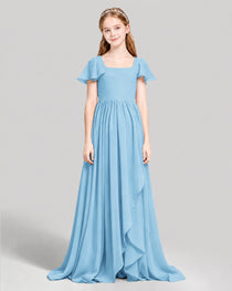 Dideyttawl Junior Bridesmaid Dress with Flutter Sleeves and Ruffle Split Chiffon Gown