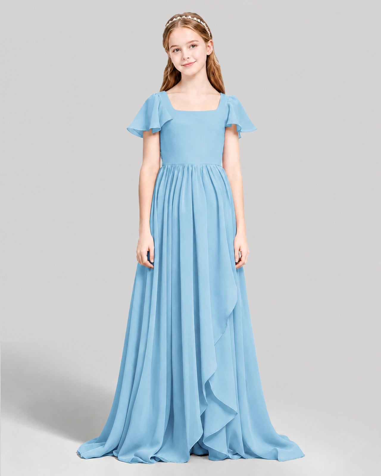 Dideyttawl Junior Bridesmaid Dress with Flutter Sleeves and Ruffle Split Chiffon Gown
