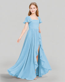 Dideyttawl Junior Bridesmaid Dress with Flutter Sleeves and Ruffle Split Chiffon Gown