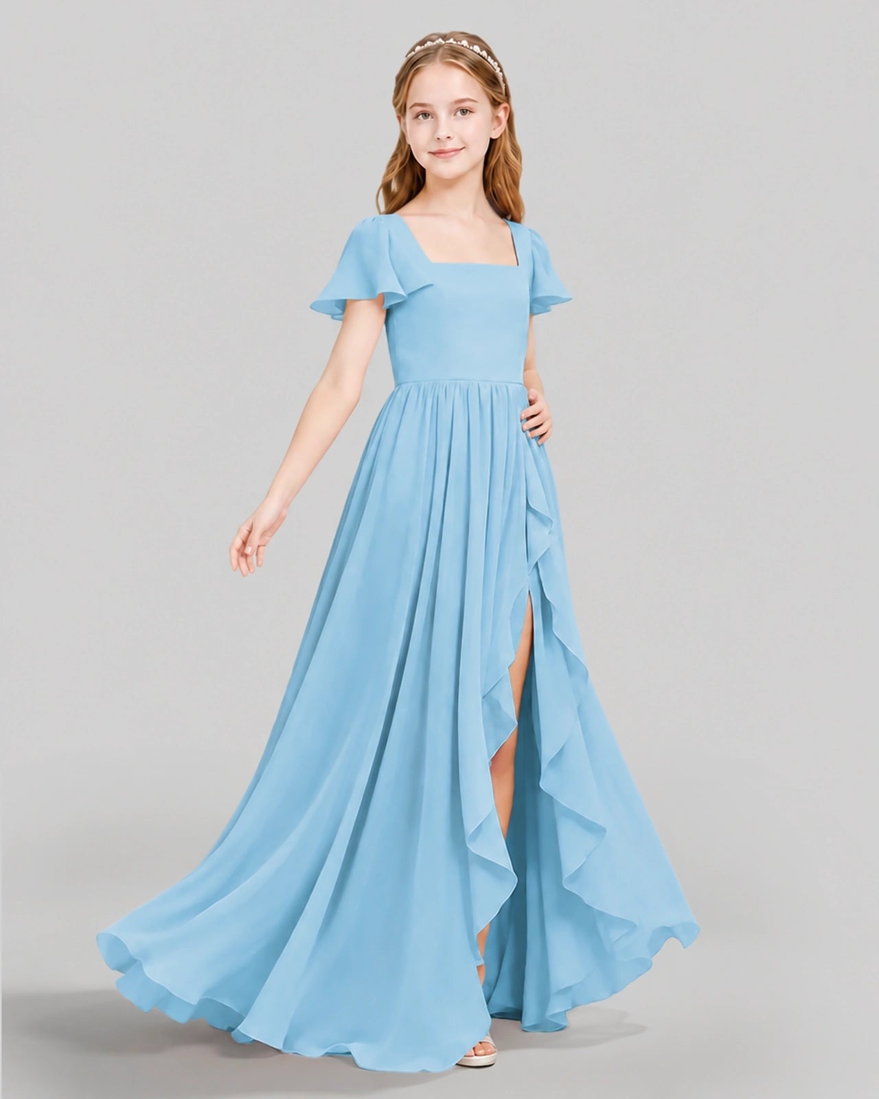Dideyttawl Junior Bridesmaid Dress with Flutter Sleeves and Ruffle Split Chiffon Gown