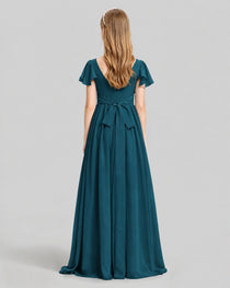 Dideyttawl Junior Bridesmaid Dress with Flutter Sleeves and Ruffle Split Chiffon Gown