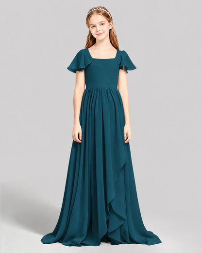 Teal Chiffon A-line Junior Bridesmaid Dress Front View