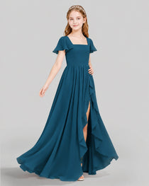 Dideyttawl Junior Bridesmaid Dress with Flutter Sleeves and Ruffle Split Chiffon Gown
