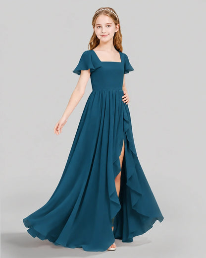 Teal Chiffon A-line Junior Bridesmaid Dress Side View