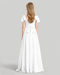 Dideyttawl Junior Bridesmaid Dress with Flutter Sleeves and Ruffle Split Chiffon Gown