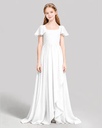 Dideyttawl Junior Bridesmaid Dress with Flutter Sleeves and Ruffle Split Chiffon Gown