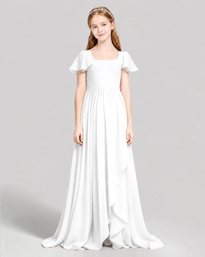 White Chiffon A-line Junior Bridesmaid Dress Front View
