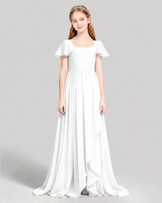 White Chiffon A-line Junior Bridesmaid Dress Front View
