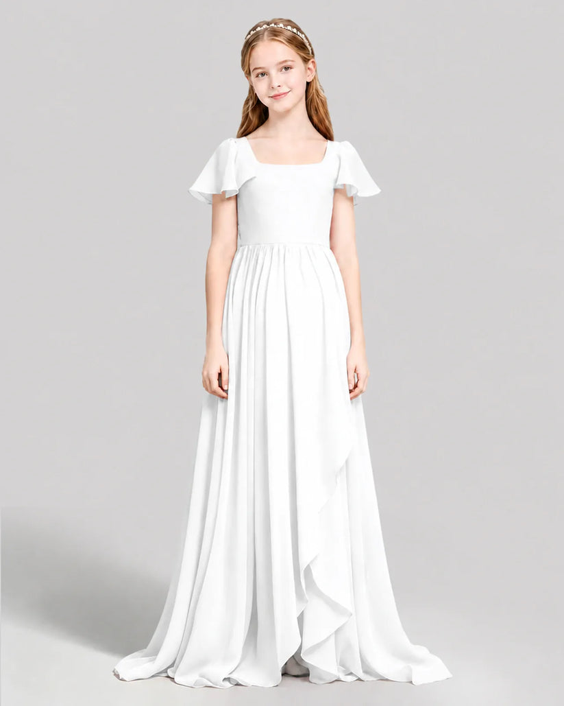White Chiffon A-line Junior Bridesmaid Dress Front View