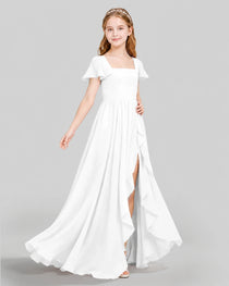 Dideyttawl Junior Bridesmaid Dress with Flutter Sleeves and Ruffle Split Chiffon Gown