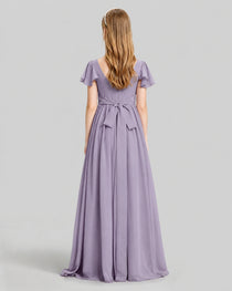 Dideyttawl Junior Bridesmaid Dress with Flutter Sleeves and Ruffle Split Chiffon Gown