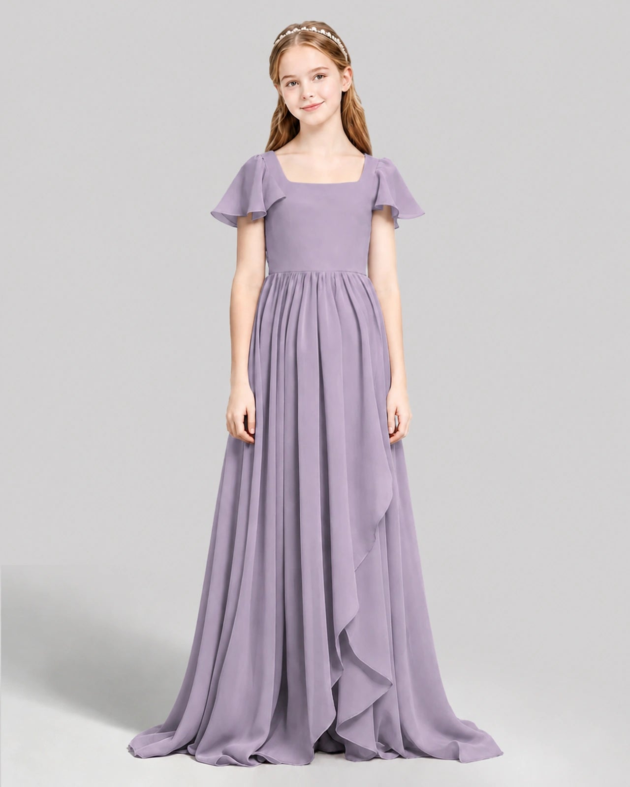 Dideyttawl Junior Bridesmaid Dress with Flutter Sleeves and Ruffle Split Chiffon Gown