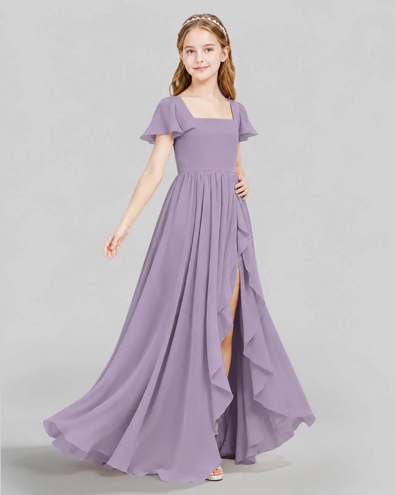 Dideyttawl Junior Bridesmaid Dress with Flutter Sleeves and Ruffle Split Chiffon Gown