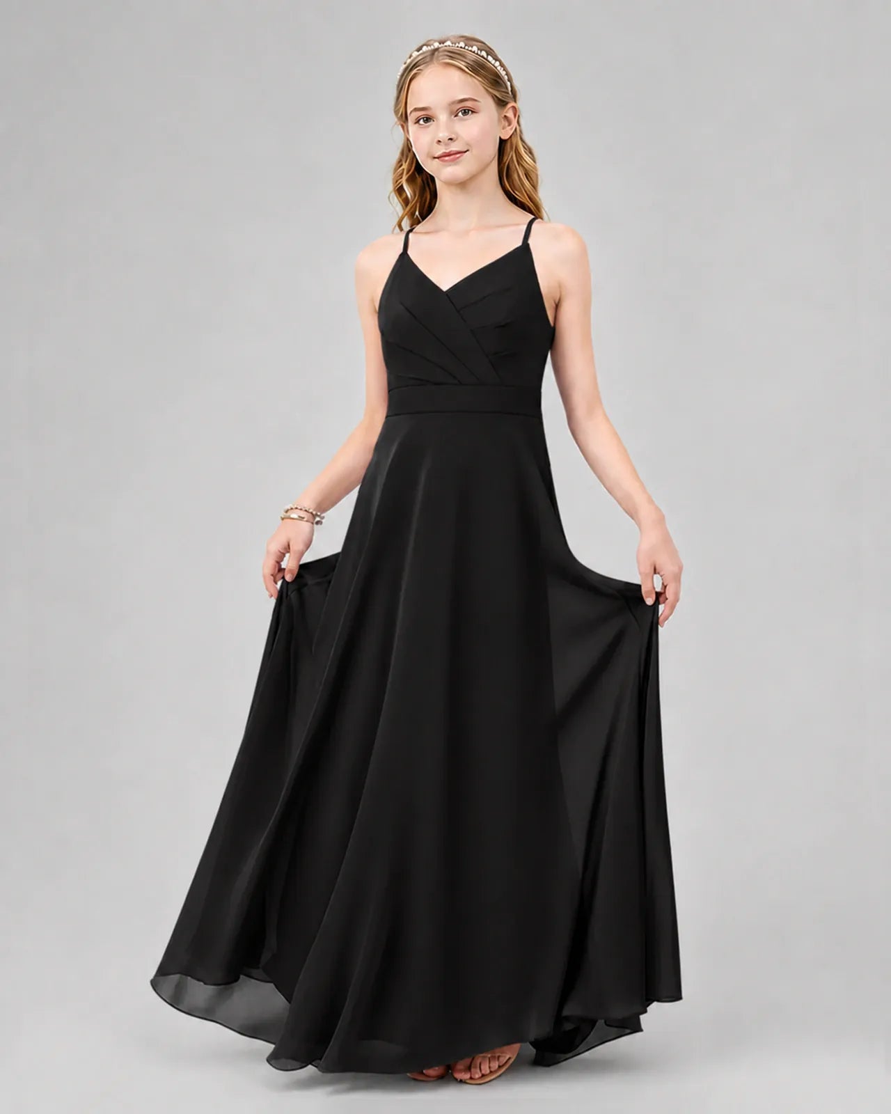 Black Chiffon A-line Junior Bridesmaid Dress Front View