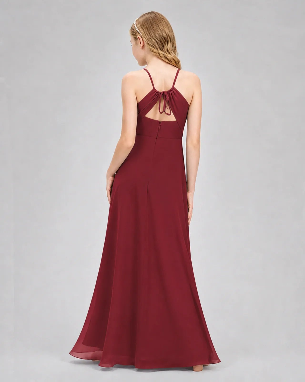 Burgundy Chiffon A-line Junior Bridesmaid Dress Back View
