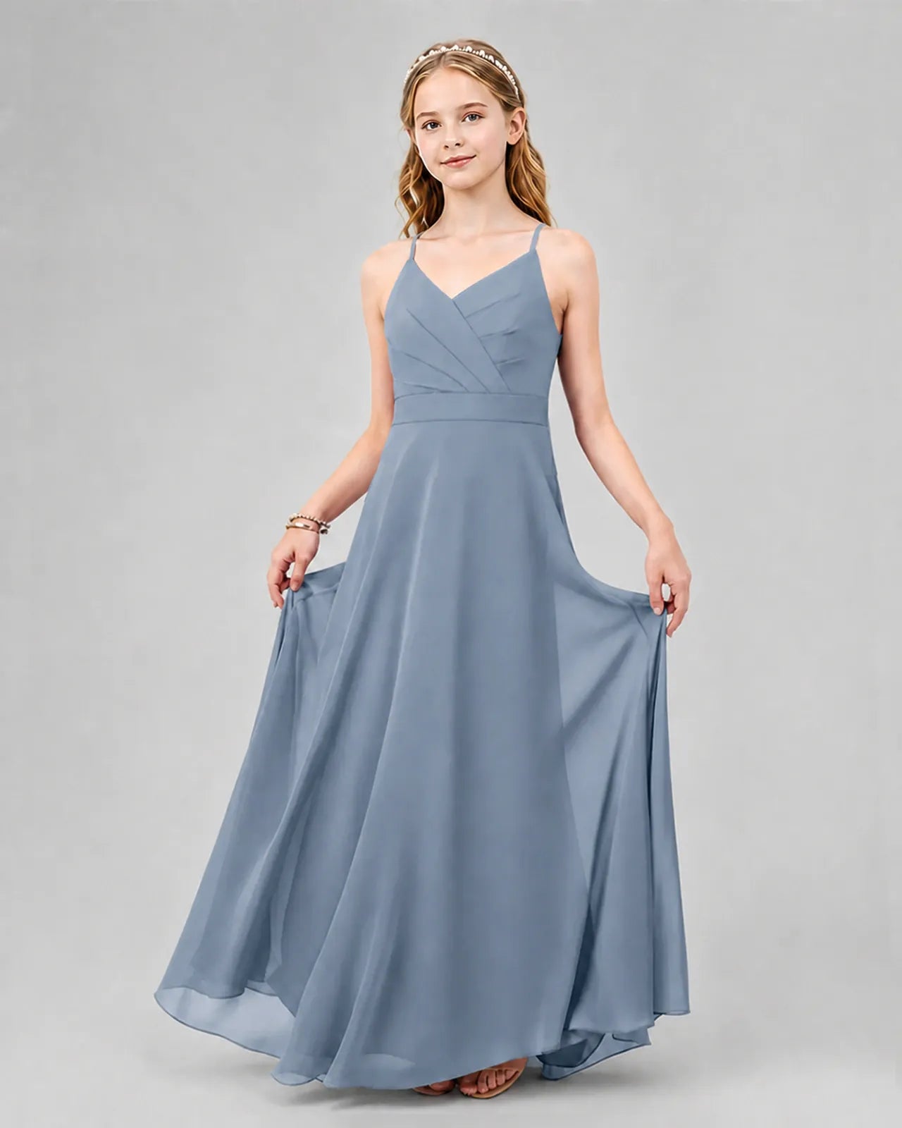 Dusty Blue Chiffon A-line Junior Bridesmaid Dress Front View