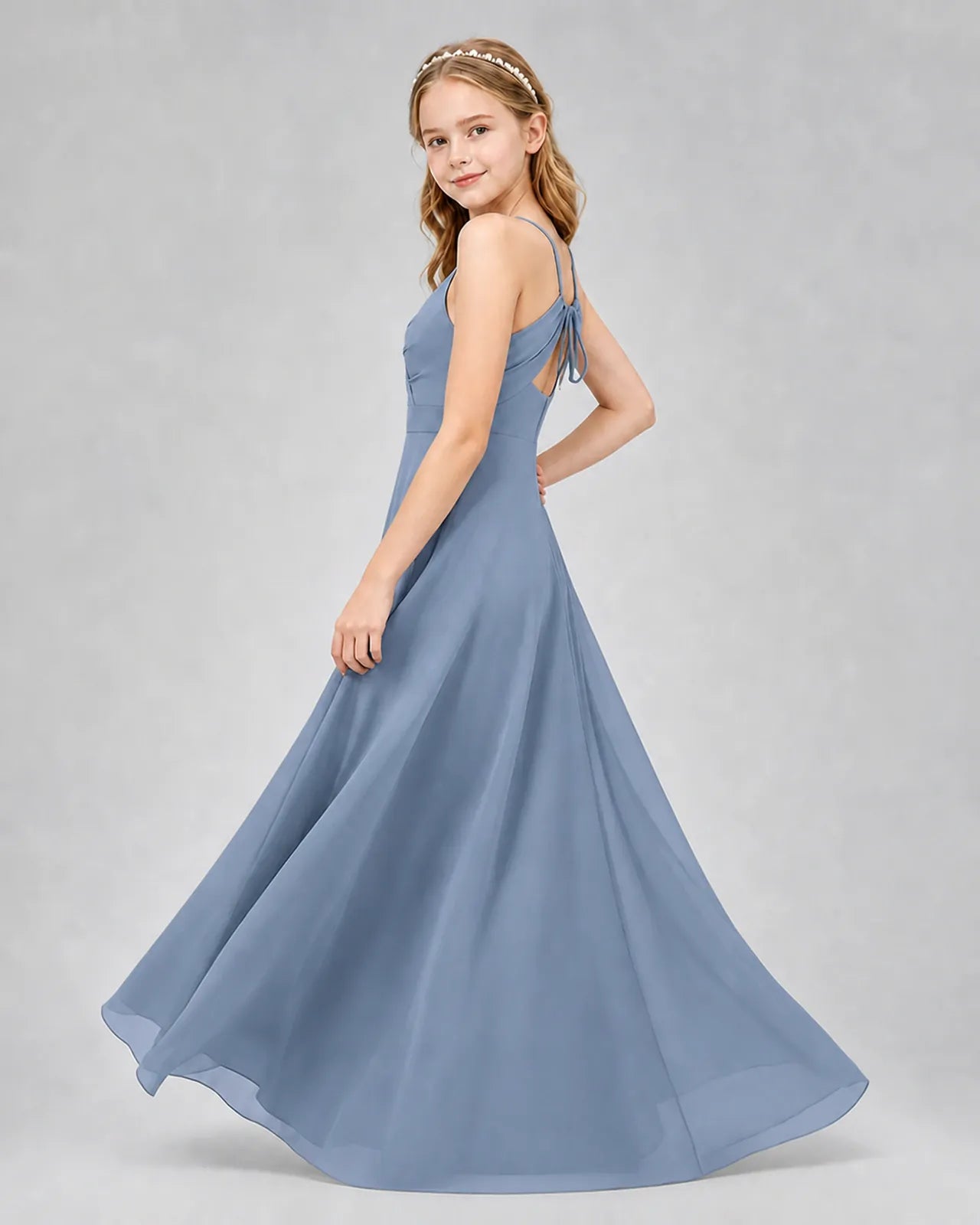 Dusty Blue Chiffon A-line Junior Bridesmaid Dress Side View