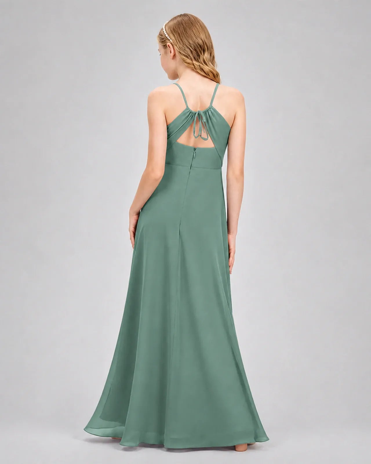 Eucalyptus Chiffon A-line Junior Bridesmaid Dress Back View