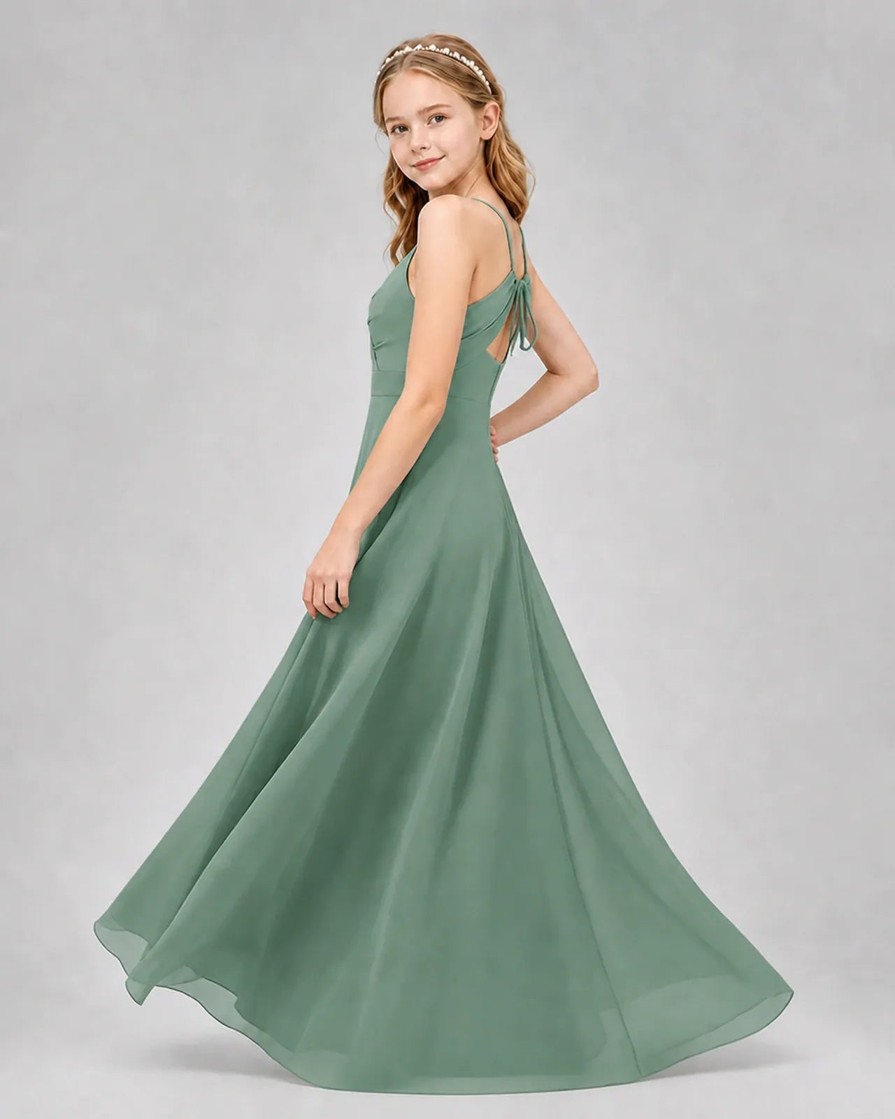 Eucalyptus Chiffon A-line Junior Bridesmaid Dress Side View