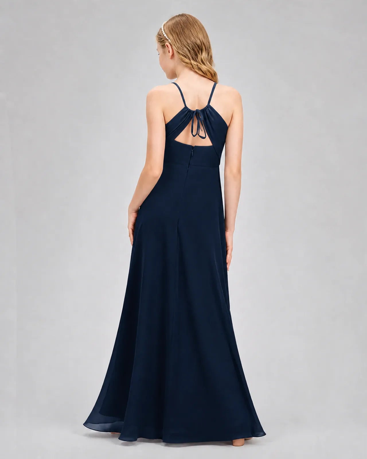 Navy Blue Chiffon A-line Junior Bridesmaid Dress Back View