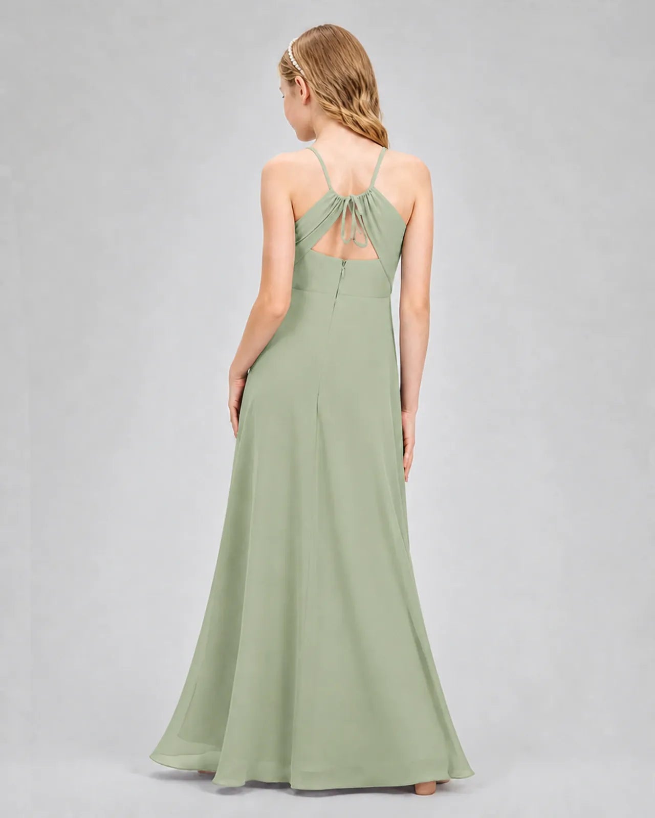 Sage Green Chiffon A-line Junior Bridesmaid Dress Back View