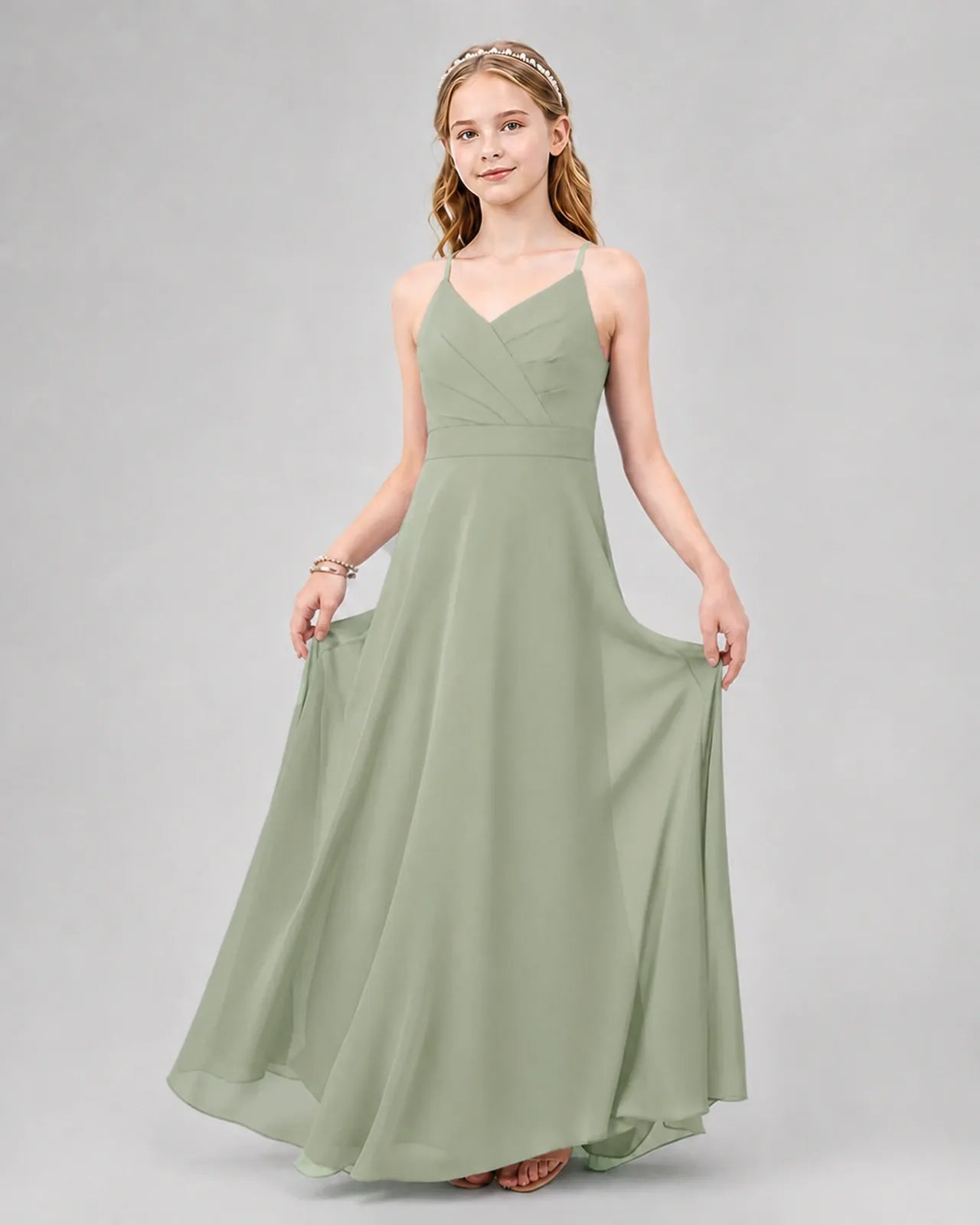 Sage Green Chiffon A-line Junior Bridesmaid Dress Front View