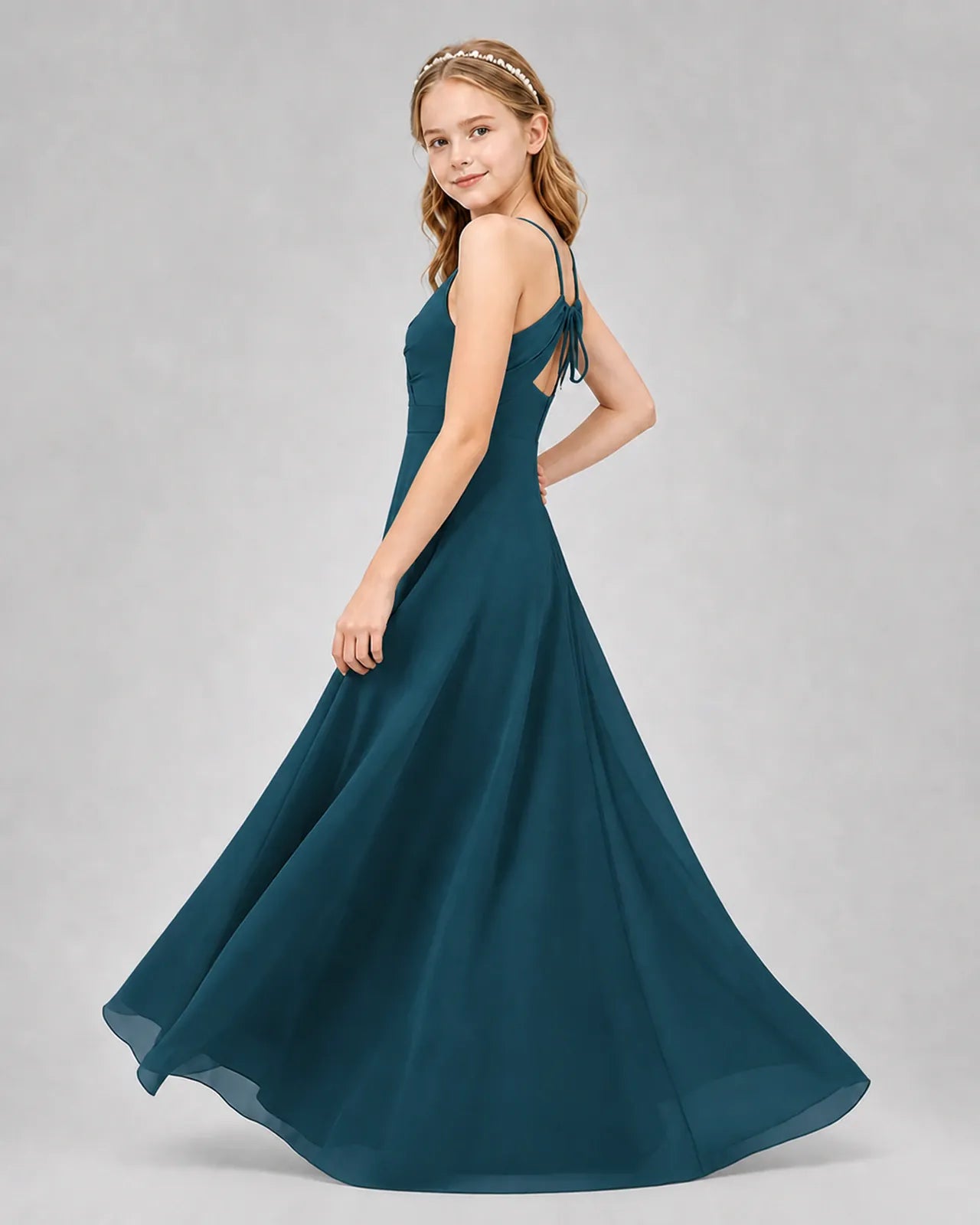 Teal Chiffon A-line Junior Bridesmaid Dress Side View