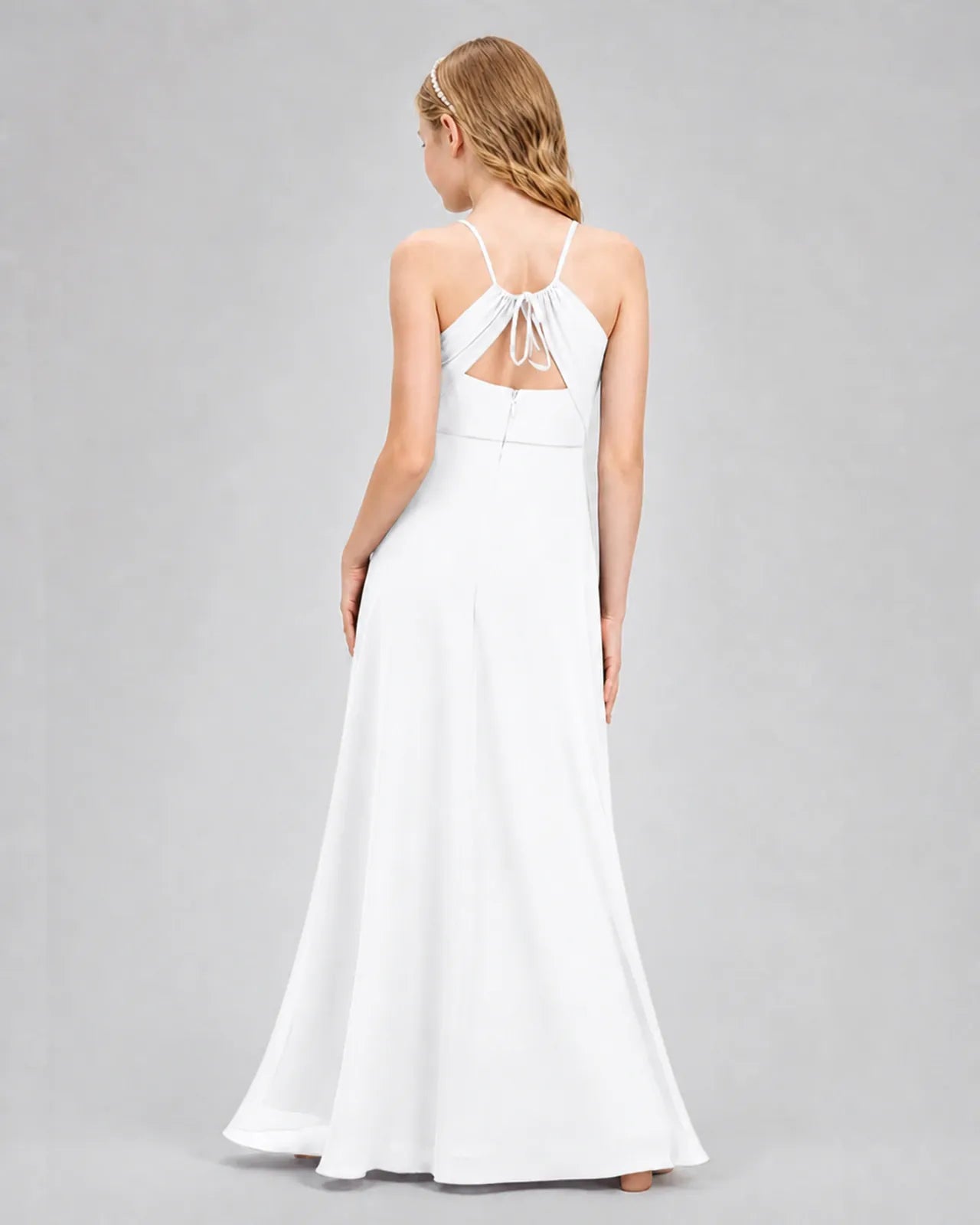 White Chiffon A-line Junior Bridesmaid Dress Back View