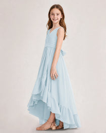 Dideyttawl Burgundy Junior Bridesmaid Dress Sleeveless High Low Chiffon Formal Gown