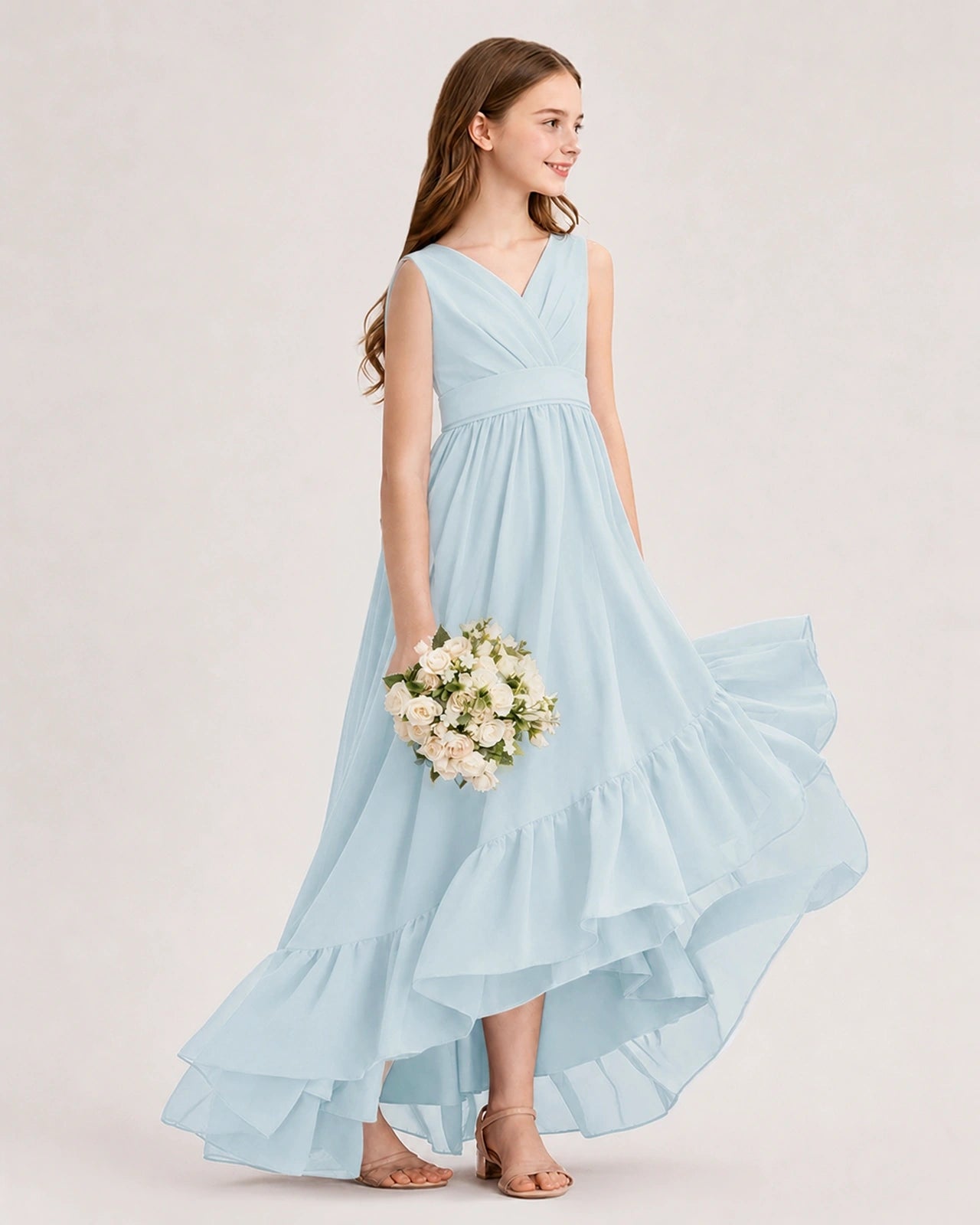 Dideyttawl Burgundy Junior Bridesmaid Dress | Sleeveless High Low Chiffon Formal Gown