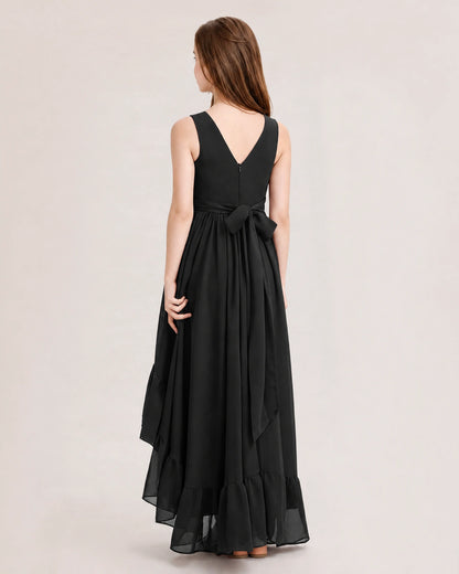 Dideyttawl Burgundy Junior Bridesmaid Dress | Sleeveless High Low Chiffon Formal Gown