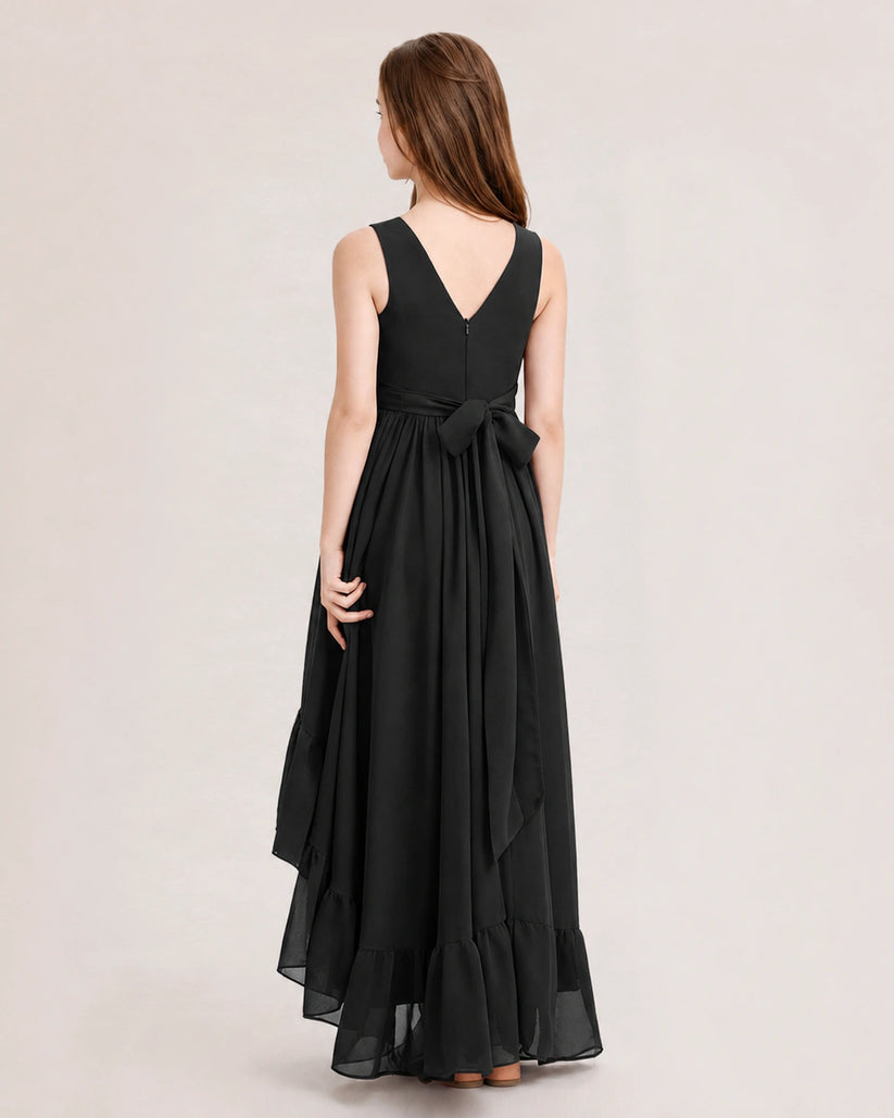 Black Chiffon A-line Junior Bridesmaid Dress Back View