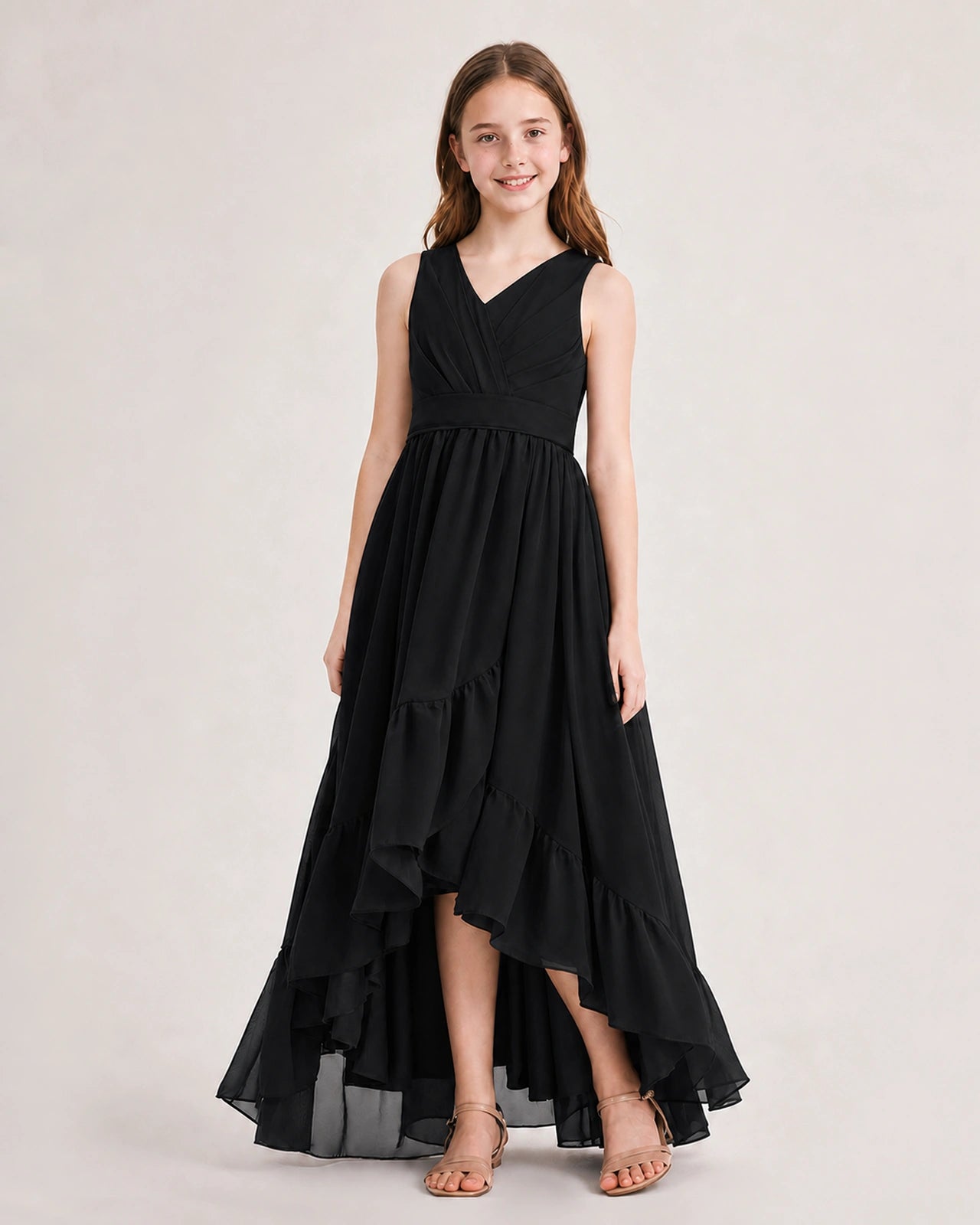 Dideyttawl Burgundy Junior Bridesmaid Dress | Sleeveless High Low Chiffon Formal Gown