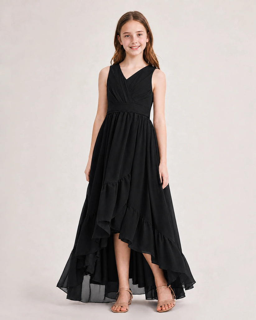 Black Chiffon A-line Junior Bridesmaid Dress Front View