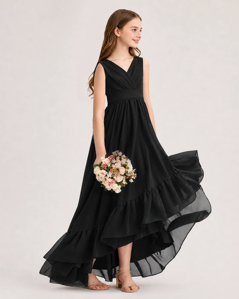 Black Chiffon A-line Junior Bridesmaid Dress Side View