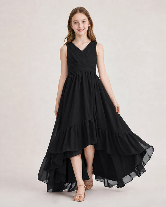 Black Chiffon A-line Junior Bridesmaid Dress Front View