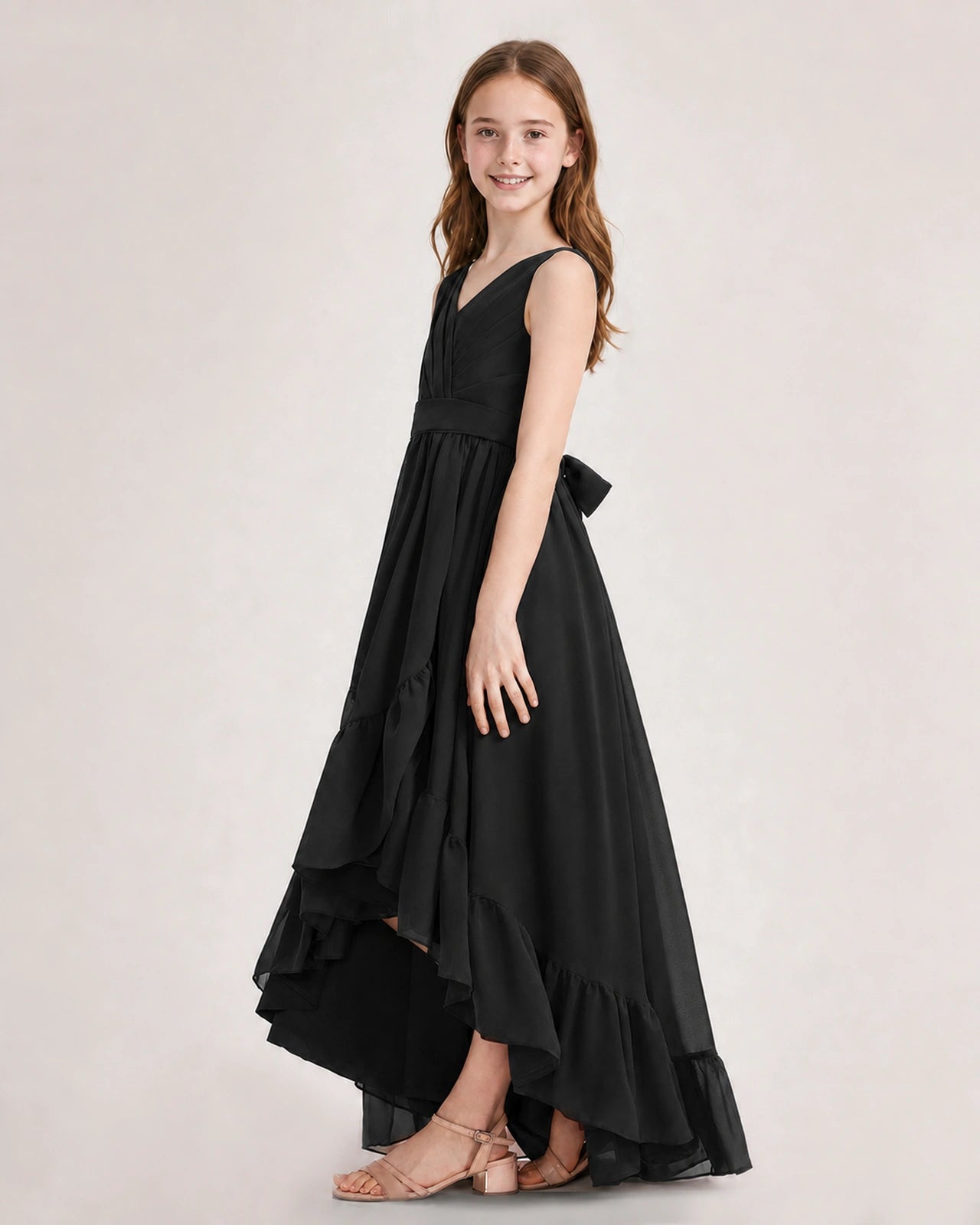 Dideyttawl Burgundy Junior Bridesmaid Dress | Sleeveless High Low Chiffon Formal Gown