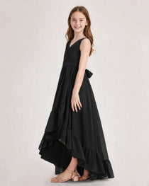 Dideyttawl Burgundy Junior Bridesmaid Dress Sleeveless High Low Chiffon Formal Gown