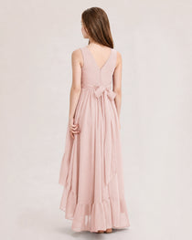 Dideyttawl Burgundy Junior Bridesmaid Dress Sleeveless High Low Chiffon Formal Gown