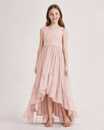 Dideyttawl Burgundy Junior Bridesmaid Dress Sleeveless High Low Chiffon Formal Gown