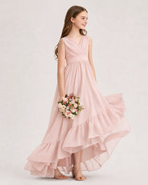 Dideyttawl Burgundy Junior Bridesmaid Dress Sleeveless High Low Chiffon Formal Gown