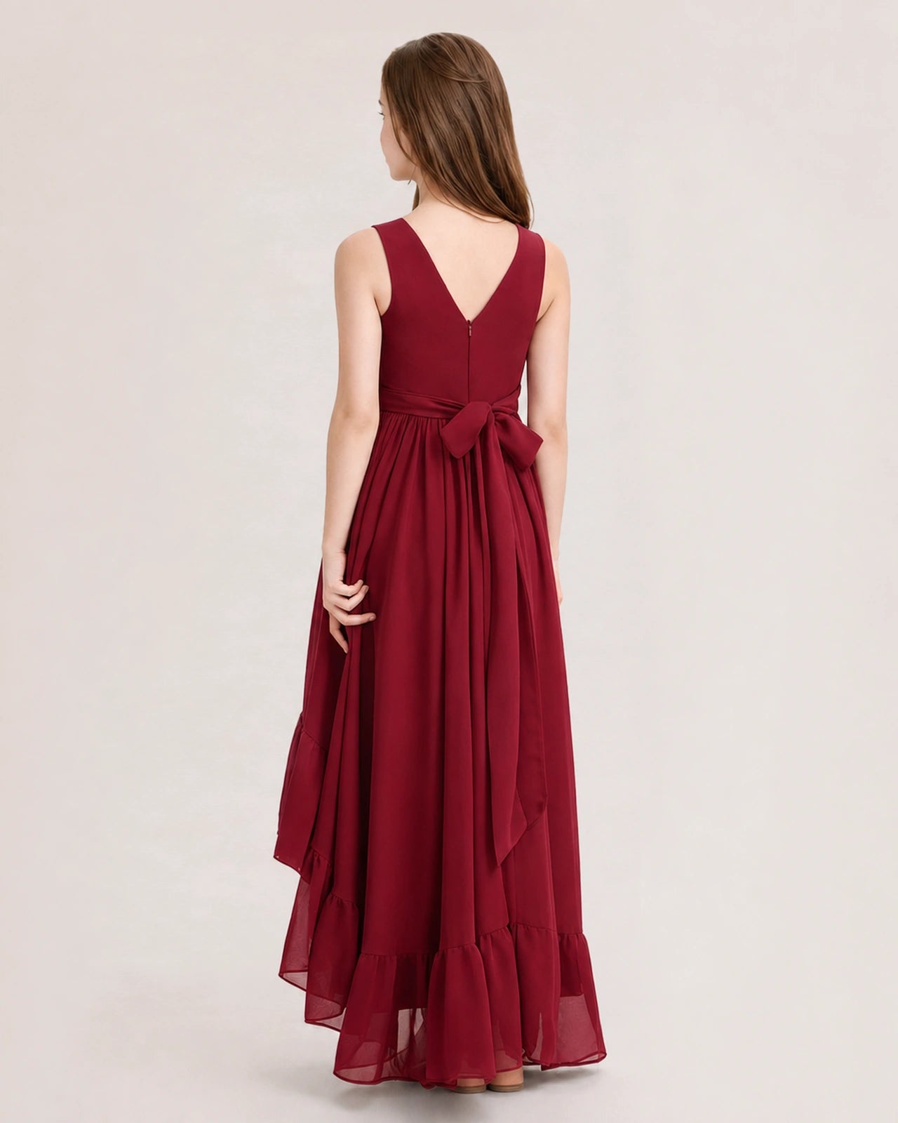 Dideyttawl Burgundy Junior Bridesmaid Dress | Sleeveless High Low Chiffon Formal Gown