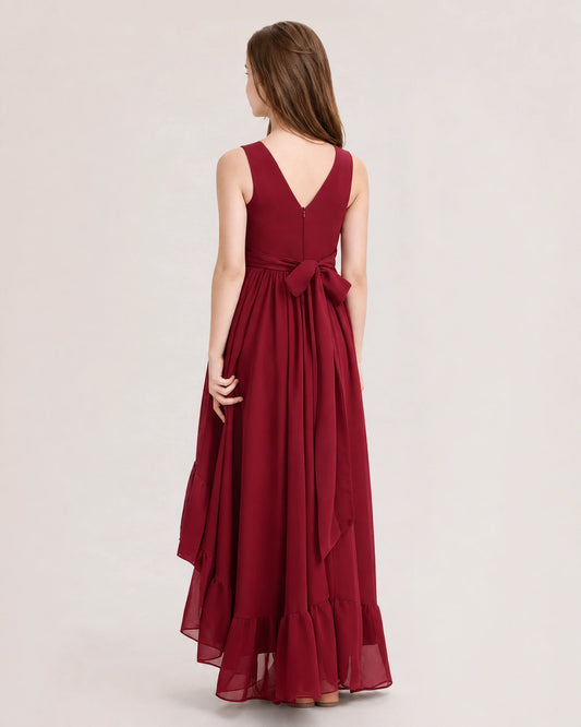 Burgundy Chiffon A-line Junior Bridesmaid Dress Back View