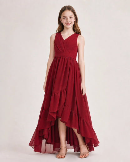 Dideyttawl Burgundy Junior Bridesmaid Dress | Sleeveless High Low Chiffon Formal Gown