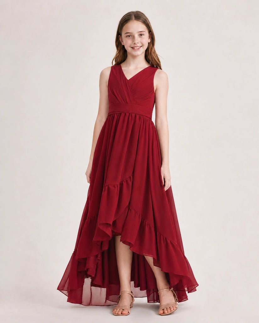 Burgundy Chiffon A-line Junior Bridesmaid Dress Front View