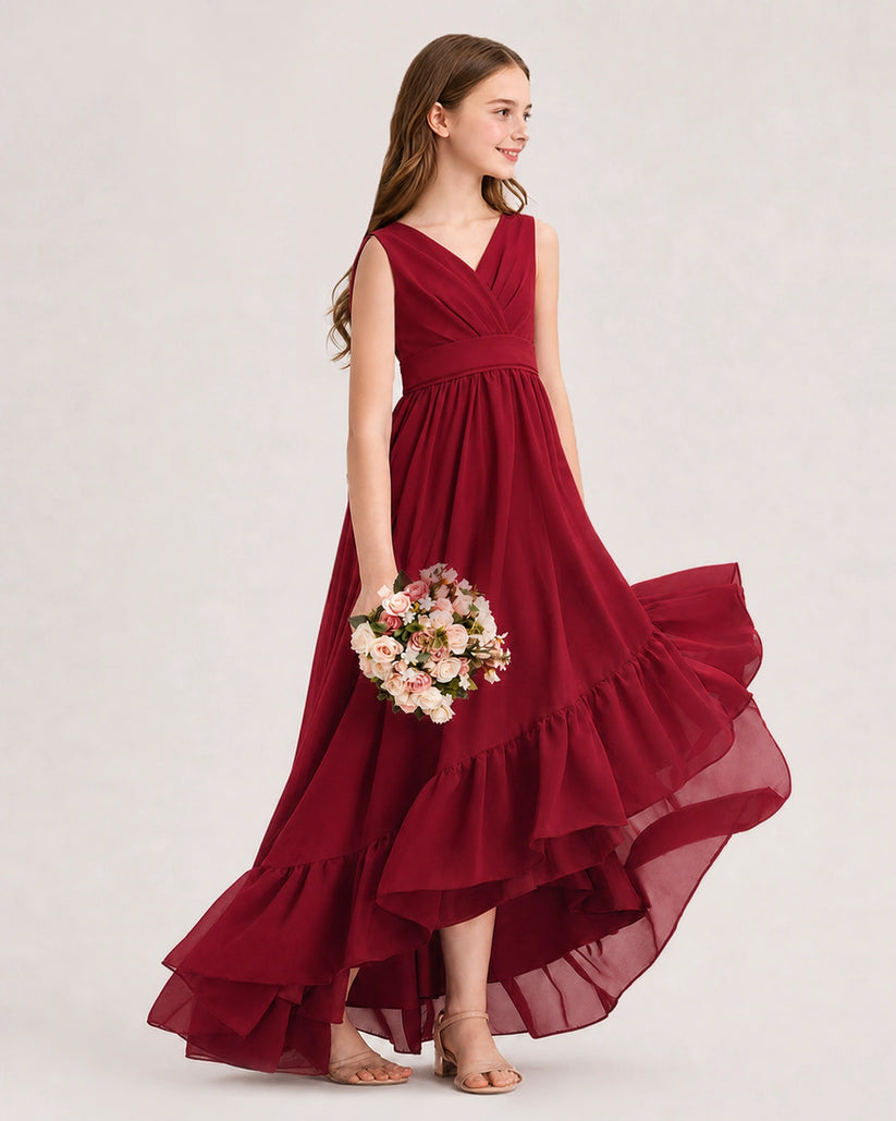 Burgundy Chiffon A-line Junior Bridesmaid Dress Side View