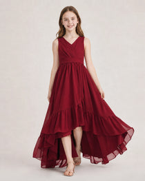 Dideyttawl Burgundy Junior Bridesmaid Dress Sleeveless High Low Chiffon Formal Gown