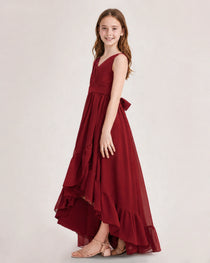 Dideyttawl Burgundy Junior Bridesmaid Dress Sleeveless High Low Chiffon Formal Gown
