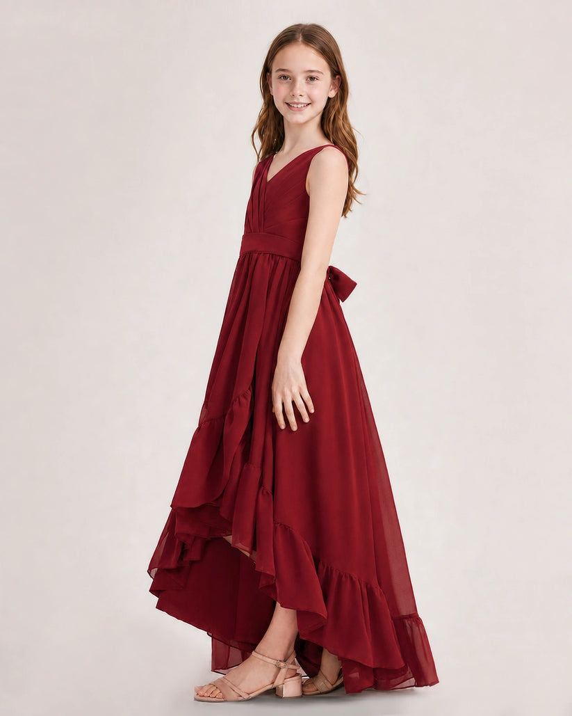 Burgundy Chiffon A-line Junior Bridesmaid Dress Side View